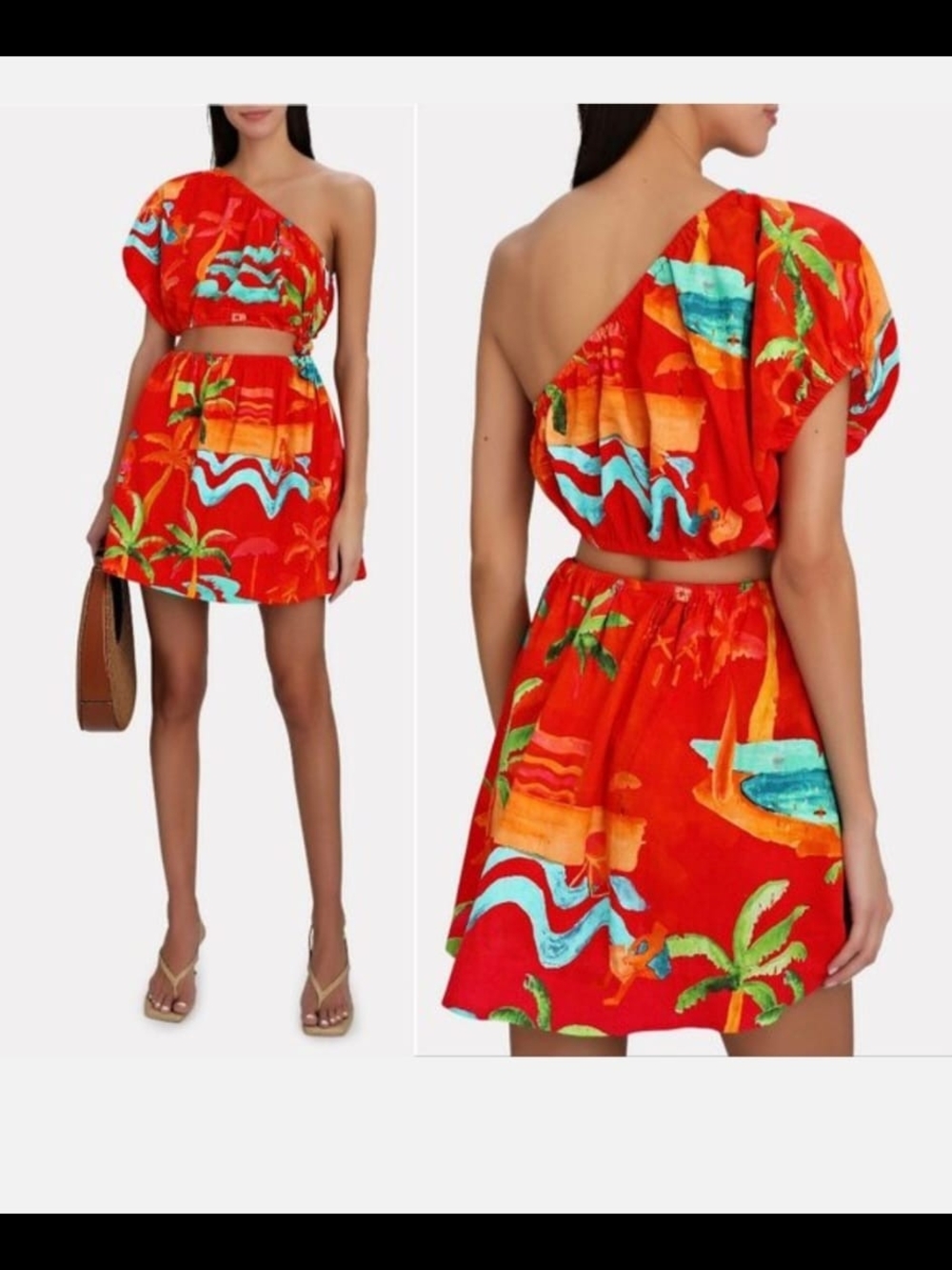 FARM FARMRIO One-Shoulder Tropical Print Mini Dress in Red
